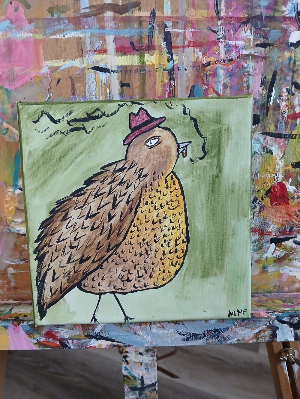 Smoking Bird Painting Green Folk Art